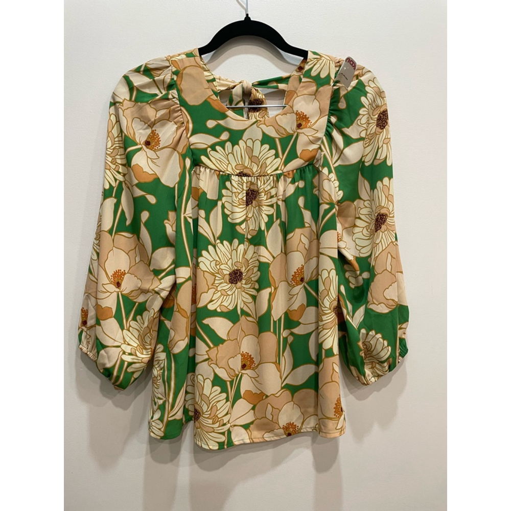 DR2 Retro Floral Print Blouse Top Size S Office Balloon Sleeve Artsy Boho Hippie